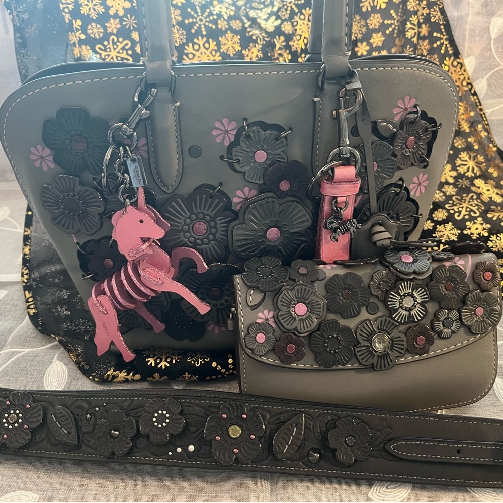 Coach Crossbody Bag Set in Grey and Pink Floral Tea Rose Design